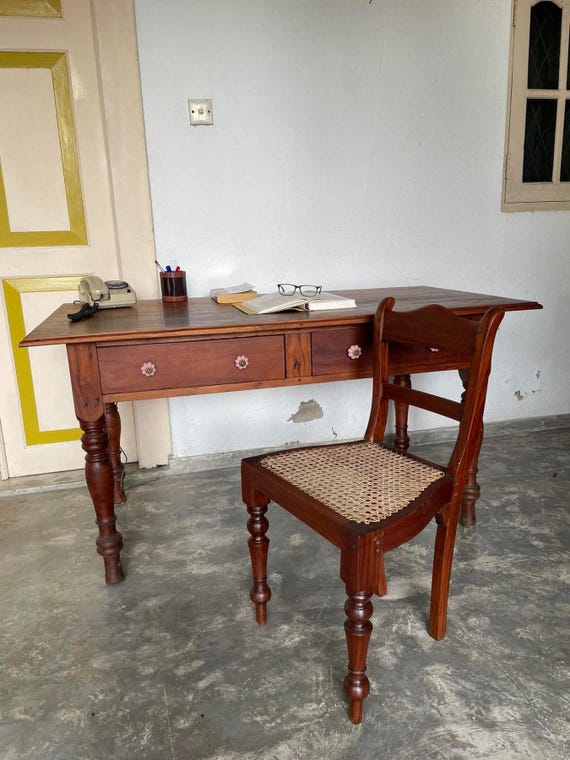 Vintage Two Drawer Writing Desk with Chair in Jak Wood – Rustic Home Office Furniture