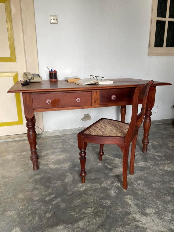 Vintage Two Drawer Writing Desk with Chair in Jak Wood – Rustic Home Office Furniture - Image 6