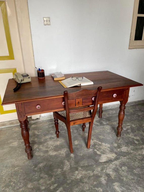 Vintage Two Drawer Writing Desk with Chair in Jak Wood – Rustic Home Office Furniture - Image 7