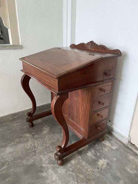 Vintage Burma Teak Davenport Desk: Antique Writing Secretary Table - Image 4