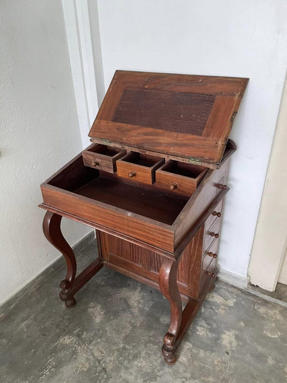 Vintage Burma Teak Davenport Desk: Antique Writing Secretary Table - Image 2