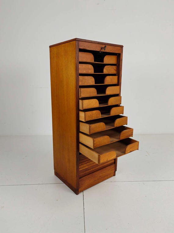 Vintage Dutch Oak Tambour Cabinet: Roll Top Filing Cabinet with Key