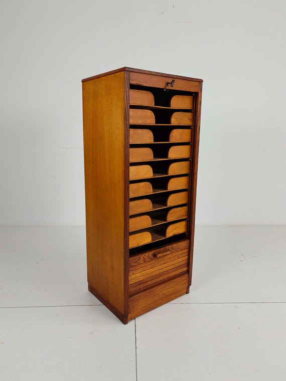 Vintage Dutch Oak Tambour Cabinet: Roll Top Filing Cabinet with Key - Image 4