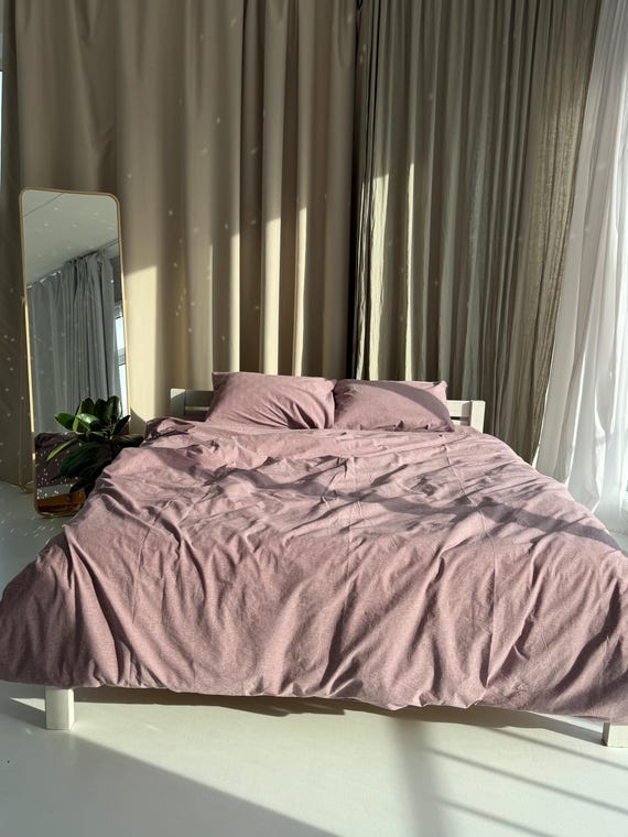 Dusty Rose Cotton Fitted Sheet with Elastic, Handmade Bed Sheet and Pillow Case, Natural Breathable Bedding Set