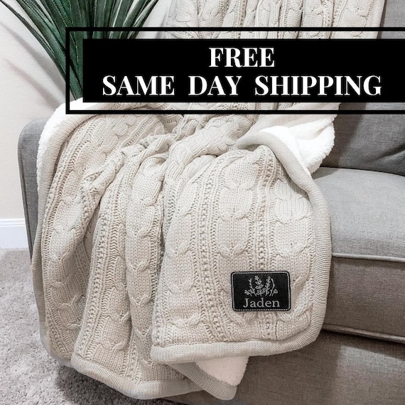 Personalized Cable Knit Sherpa Throw Blanket: Custom Monogram Patch