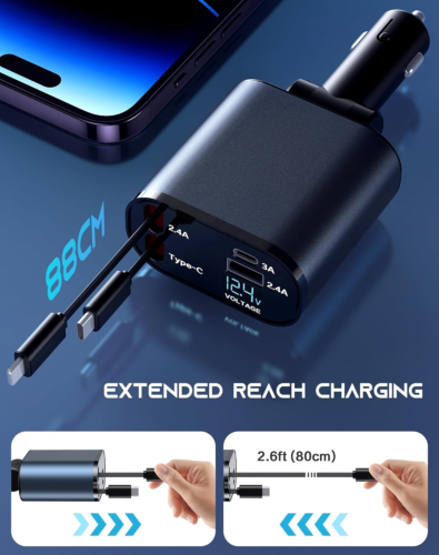 Retractable Car Charger 4 in 1 Fast Car Phone Charger 120W With USB Type C Cable - Image 17