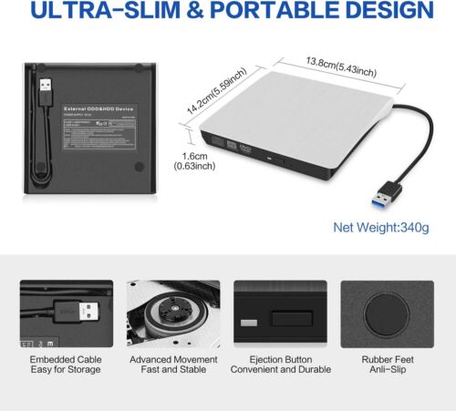 Slim External CD DVD Drive USB 3.0 Disc Player Burner Writer For  Mac Laptop PC - Image 2