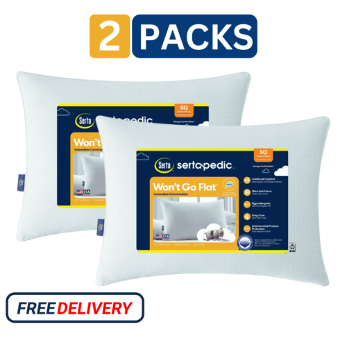 (2 pack) Sertapedic Won't Go Flat Bed Pillow, Standard/Queen