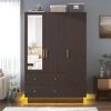 3 Doors Armoire Wardrobe Closet with Mirror, LED Armoire with Doors and Drawers,