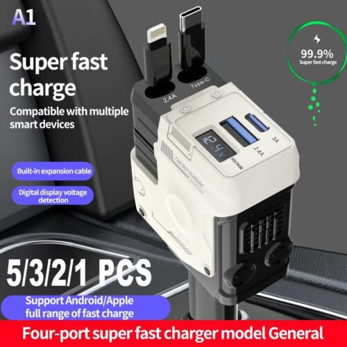 4 IN 1 Retractable Car Charger Cable Dual Port USB C 12V Car Cigarette LighterUS
