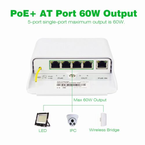 5 Port Gigabit PoE Passthrough Switch Outdoor Ethernet Extender Up to 100m/328ft - Image 4