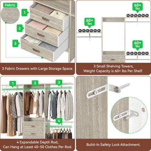 60'' Walk In Closet Organizer Closet System Clothing Rack with 3 Fabric Drawers - Image 7