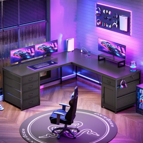 L Shaped Desk, 63" Computer Desk with 5 Drawer, Long Home Office Desk or Corner