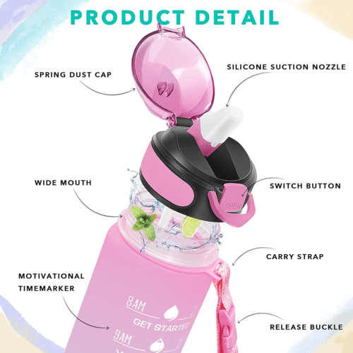 32 Oz Drinking Water Bottle with Times to Drink and Straw, Motivational with Car - Image 3