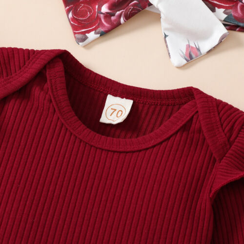 Newborn Baby Girls Floral Ruffle Romper Tops Pants Headband Clothes Outfits Set