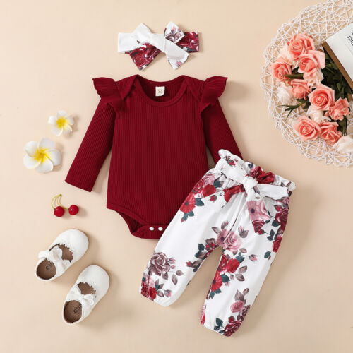 Newborn Baby Girls Floral Ruffle Romper Tops Pants Headband Clothes Outfits Set - Image 9