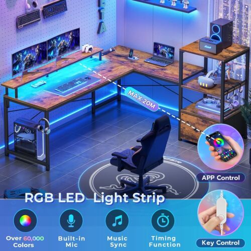 L Shaped Gaming Desk with LED Lights Home Office Desk with Fabric File Drawer
