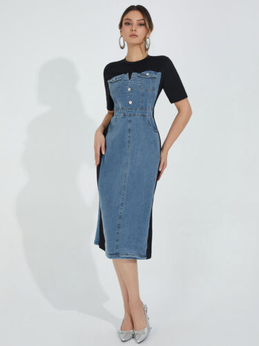 Casual fake two color contrast patchwork denim dress slimming bag hip skirt - Image 3