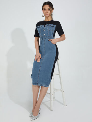 Casual fake two color contrast patchwork denim dress slimming bag hip skirt - Image 5
