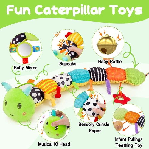 Baby Sensory Plush Caterpillar Toy with Mirror, Crinkle, Rattle for 0-12M - Image 3