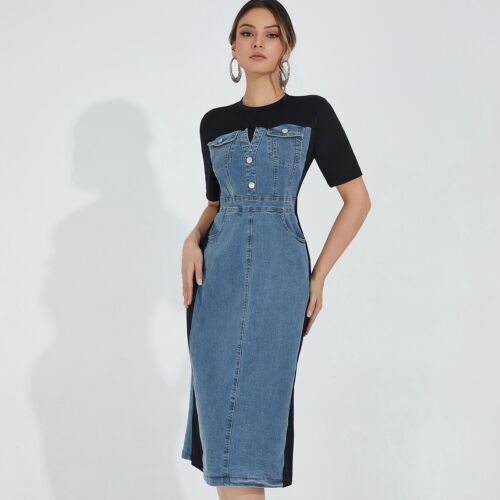 Casual fake two color contrast patchwork denim dress slimming bag hip skirt - Image 2