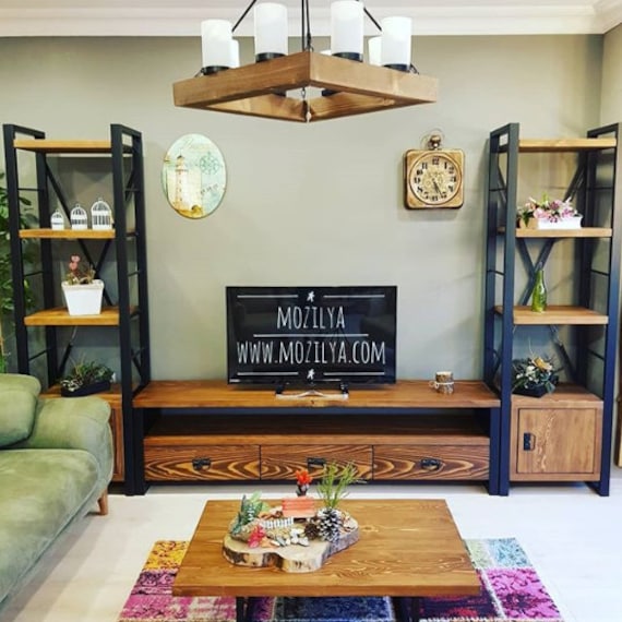 Solid Wood Tv Stand - Rokko / Vintage Design Wood and Metal Tv Unit / Rustic Wood Media Console / Entartainment Center with Drawers - Image 7