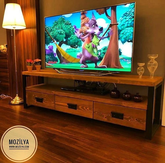 Solid Wood Tv Stand - Rokko / Vintage Design Wood and Metal Tv Unit / Rustic Wood Media Console / Entartainment Center with Drawers - Image 8