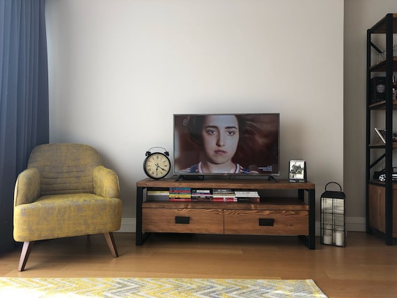 Solid Wood Tv Stand - Rokko / Vintage Design Wood and Metal Tv Unit / Rustic Wood Media Console / Entartainment Center with Drawers - Image 9