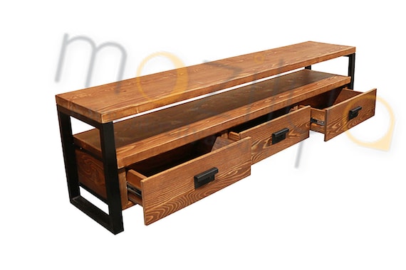 Solid Wood Tv Stand - Rokko / Vintage Design Wood and Metal Tv Unit / Rustic Wood Media Console / Entartainment Center with Drawers - Image 4