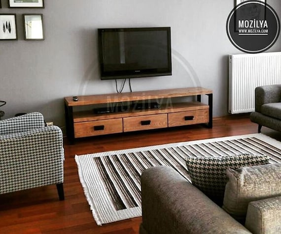 Solid Wood Tv Stand - Rokko / Vintage Design Wood and Metal Tv Unit / Rustic Wood Media Console / Entartainment Center with Drawers - Image 10