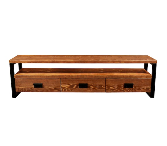 Solid Wood Tv Stand - Rokko / Vintage Design Wood and Metal Tv Unit / Rustic Wood Media Console / Entartainment Center with Drawers - Image 3