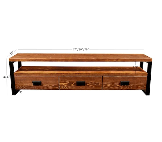 Solid Wood Tv Stand - Rokko / Vintage Design Wood and Metal Tv Unit / Rustic Wood Media Console / Entartainment Center with Drawers - Image 6