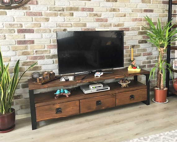 Solid Wood Tv Stand - Rokko / Vintage Design Wood and Metal Tv Unit / Rustic Wood Media Console / Entartainment Center with Drawers