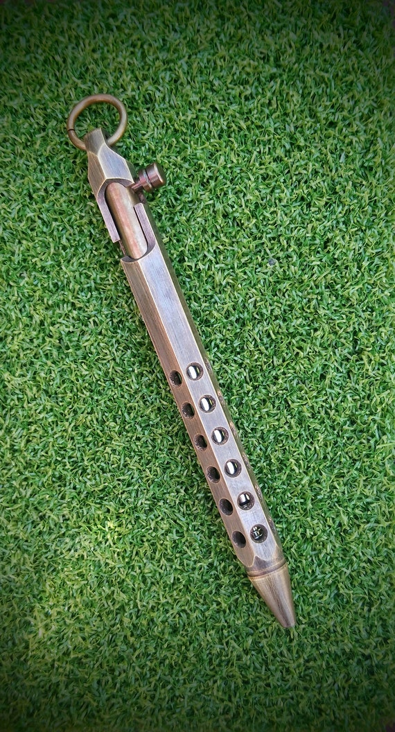 Brass retro mini bolt action pen - Personalised name laser engraving. Writing tool, Golf score card pen. EDC, pocket carry, camping kit. - Image 9