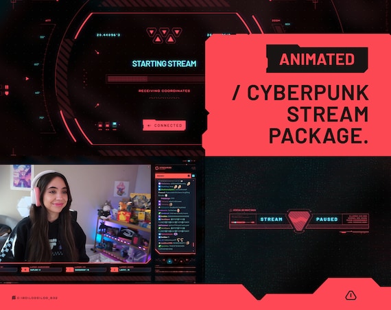 Cyberpunk Animated Twitch Stream Overlay Package RED | Scenes, Alerts, Panels, Webcam, Transition