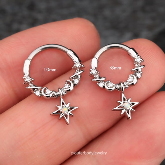 16G Star/Moon/Planet Dangle Septum Ring/Daith Earrings/Helix Hoop/Septum Clicker/Septum Jewelry/Silver Septum/Tragus/Conch Hoop/Gift for her - Image 2