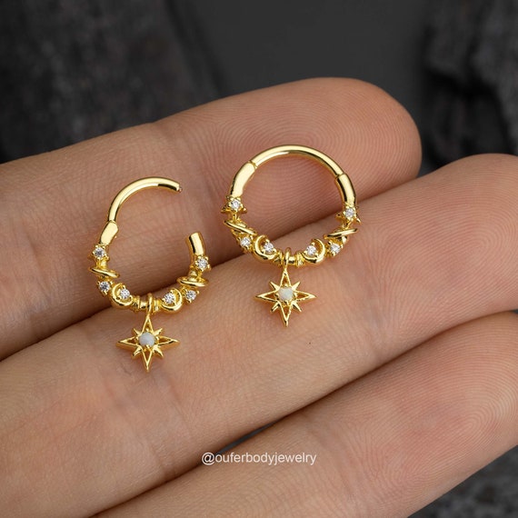 16G Star/Moon/Planet Dangle Septum Ring/Daith Earrings/Helix Hoop/Septum Clicker/Septum Jewelry/Silver Septum/Tragus/Conch Hoop/Gift for her - Image 3