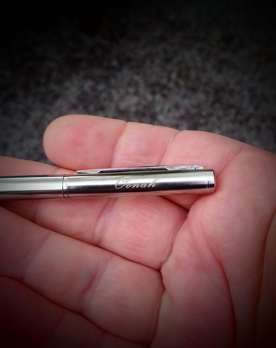 Mini metal ball point pen 10 cm - Laser etched name or initials personalisation. Golf score card pen. EDC gift. Camping kit. Back to school. - Image 2
