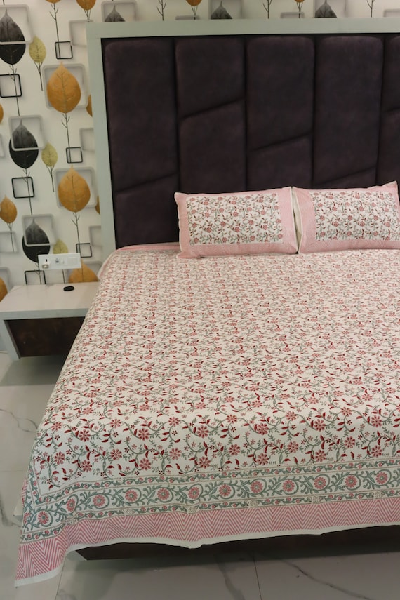 Hand Block Print Cotton Bed Sheet: Indian King Size Bedspread - Image 6