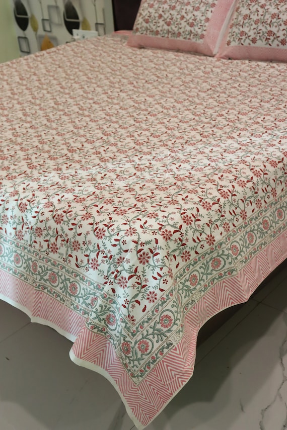 Hand Block Print Cotton Bed Sheet: Indian King Size Bedspread - Image 3