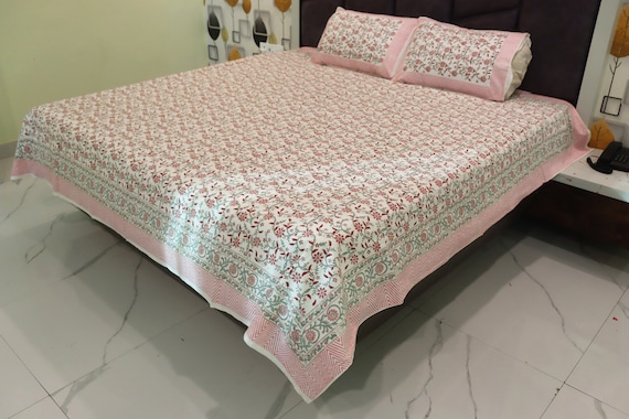 Hand Block Print Cotton Bed Sheet: Indian King Size Bedspread - Image 7