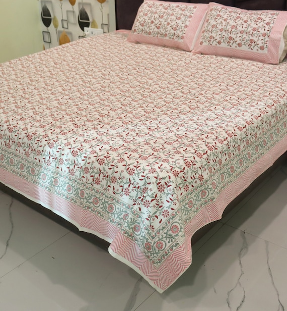 Hand Block Print Cotton Bed Sheet: Indian King Size Bedspread - Image 2