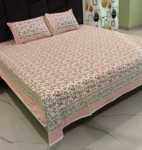Hand Block Print Cotton Bed Sheet: Indian King Size Bedspread