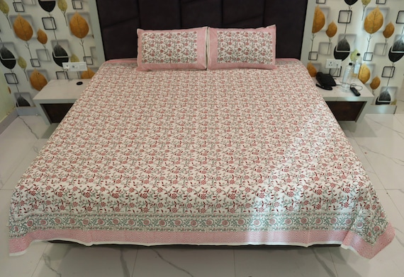 Hand Block Print Cotton Bed Sheet: Indian King Size Bedspread - Image 5