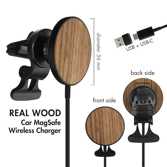 Wood MagSafe Wireless Car Charger, 15 Watt Fast Wireless Magnetic Charging Pad USB-C Circle Wireless Qi Charger - Image 3