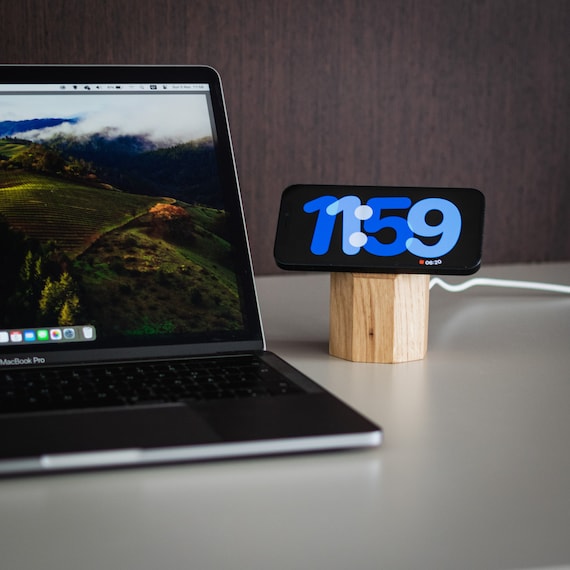 Wooden MagSafe Wireless Charger for Apple iPhone, Android. Fast Qi2 Induction Station Stand  15W magnets Type C cable. All Wooden Oak Design - Image 7