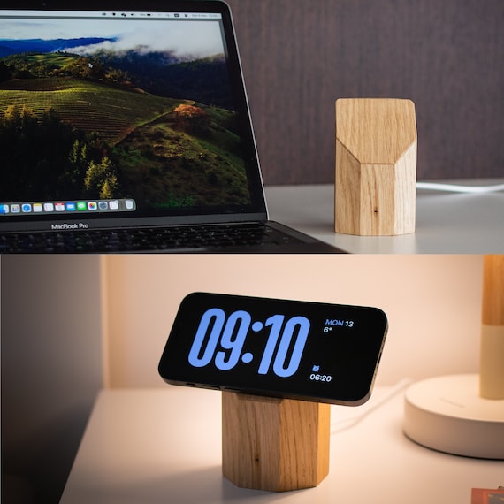 Wooden MagSafe Wireless Charger for Apple iPhone, Android. Fast Qi2 Induction Station Stand  15W magnets Type C cable. All Wooden Oak Design - Image 2