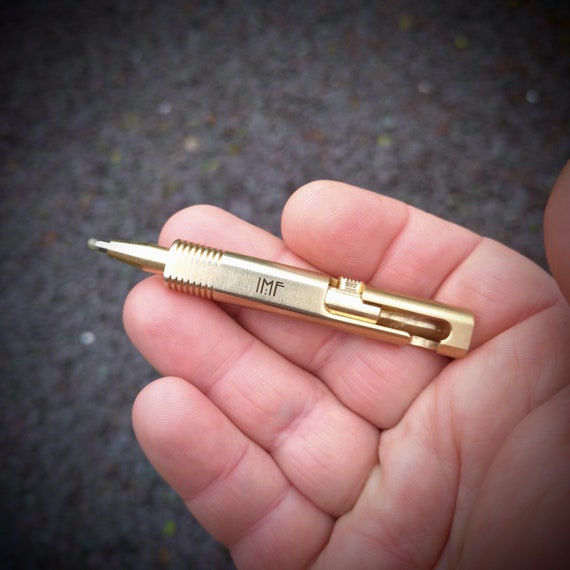 Brass retro mini bolt action pen - Personalised name laser engraving. Writing tool, Golf score card pen. EDC, pocket carry, camping kit. - Image 2