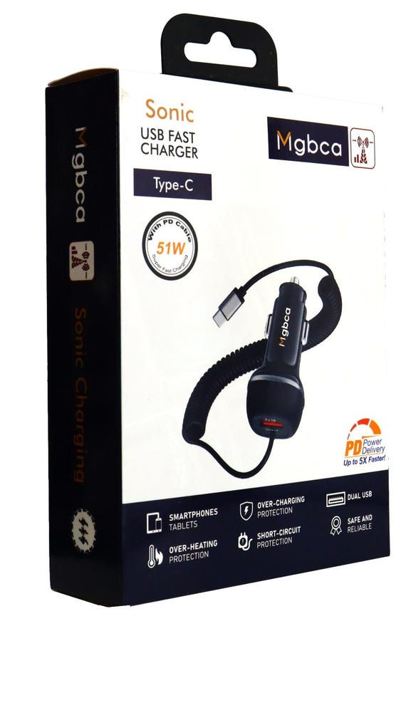 Mgbca Sonic Type-C Car Charger For Motorola Moto G Play, PD QC 3.0 Fast 51 Watt