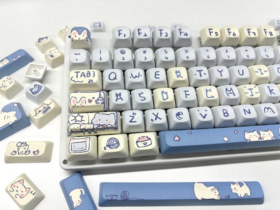 145keys Cute Cat Keycap Set, Blue Keycaps, MOC Profile Keycaps, PBT Keycaps, cherry mx keycap, mechanical keyboard keycap, animal Keycaps - Image 2